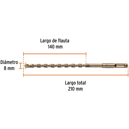 Brocas SDS Plus 8mm x210mm Concreto Truper 101194 Truper-Brocas SDS Plus 8mm x210mm Concreto Truper 101194 Punta de cruz, tecnol