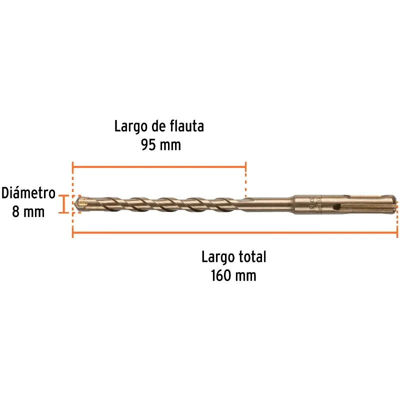 Brocas SDS Plus 8mm x160mm Concreto Truper 101193 Truper-Brocas SDS Plus 8mm x160mm Concreto Truper 101193 Punta de cruz, tecnol