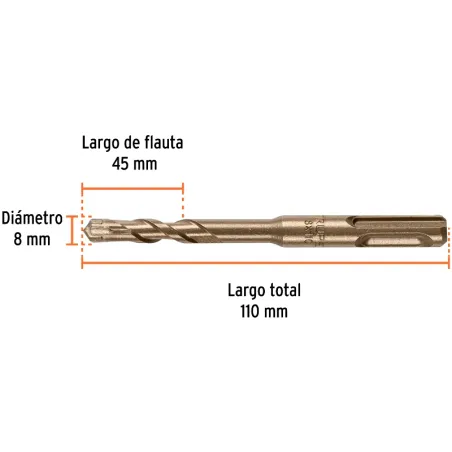 Brocas SDS Plus 8mm x110mm Concreto Truper 101192 Truper-Brocas SDS Plus 8mm x110mm Concreto Truper 101192 Punta de cruz, tecnol