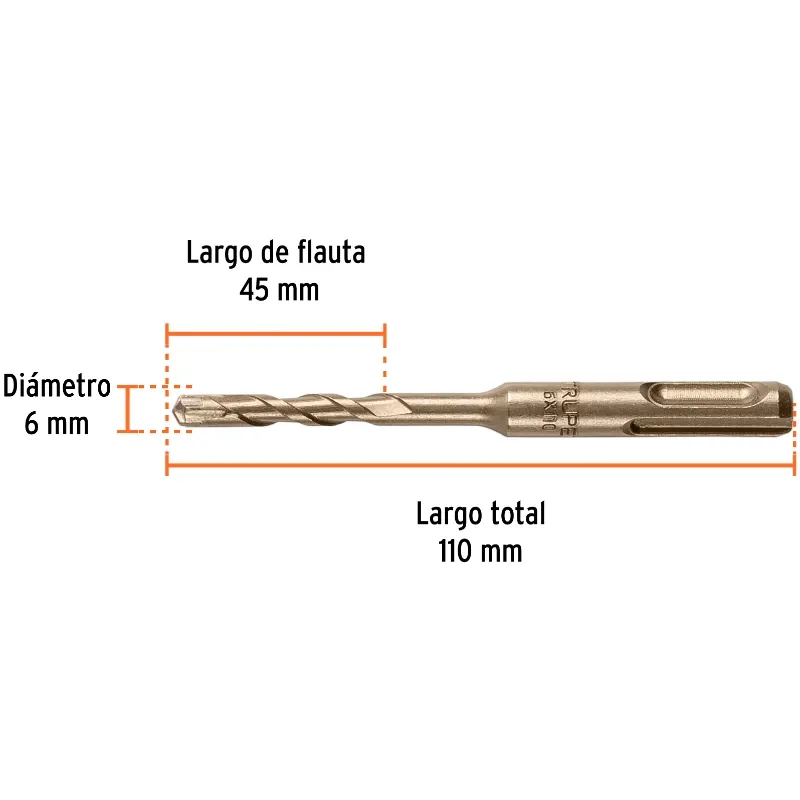 Brocas SDS Plus 6mm x110mm Concreto Truper 101108 Truper-Brocas SDS Plus 6mm x110mm Concreto Truper 101108 Punta de cruz, tecnol