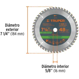 Discos de Sierra 7-1/4" 48Dientes C5/8" Plastico Madera carburo de tungsteno, Truper 18317 Truper-Discos de Sierra 7-1/4" 48Dien