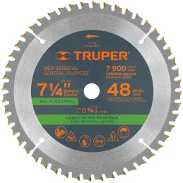 Discos de Sierra 7-1/4" 48Dientes C5/8" Plastico Madera carburo de tungsteno, Truper 18317 Truper-Discos de Sierra 7-1/4" 48Dien