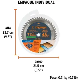 Discos de Sierra 7-1/4" 48Dientes C5/8" Plastico Madera carburo de tungsteno, Truper 18317 Truper-Discos de Sierra 7-1/4" 48Dien