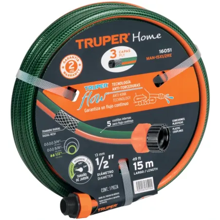 Mangueras 1/2" x15m 3capas Reforzada ConexionesPlasticas Truper 16051 Truper-Mangueras 1/2" x15m 3capas Reforzada ConexionesPlas