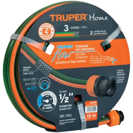Mangueras 1/2" x10m 3capas Reforzada ConexionesPlasticas Truper 16050 Truper-Mangueras 1/2" x10m 3capas Reforzada ConexionesPlas