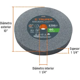 Piedra para Esmeril 10" x1-1/4" G60 E32mm Oxido Aluminio, Truper 12402 Truper-Piedra para Esmeril 10" x1-1/4" G60 E32mm Oxido Al