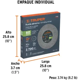 Piedra para Esmeril 10" x1-1/4" G60 E32mm Oxido Aluminio, Truper 12402 Truper-Piedra para Esmeril 10" x1-1/4" G60 E32mm Oxido Al