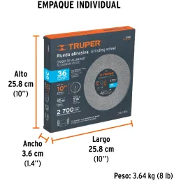 Piedra para Esmeril 10" x1-1/4" G36 E32mm Oxido Aluminio, Truper 12401 Truper-Piedra para Esmeril 10" x1-1/4" G36 E32mm Oxido Al