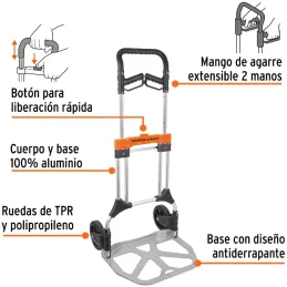 Carreta de Carga 200kg Plegable Ruedas TPR Mango Telescopico Aluminio Diablo, Truper 14090 Truper-Carreta de Carga 200kg Plegabl