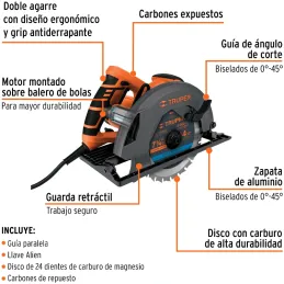 Sierra Circular Truper Profesional 1500W 5500RPM Incluye Disco 24D, SICI-7-1/4A3-2 11005 Truper Truper-Sierra Circular Truper Pr