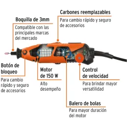 Amoladora Recta Rectificadora Mini Collet 1/8" Rotativa Moto Tool con Kit Truper 16769 Truper-Amoladora Recta Rectificadora Mini