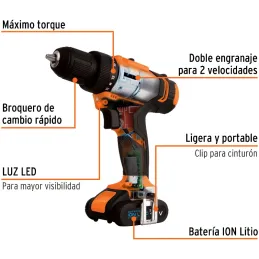 Taladro Inalambrico 3/8" 12V 1200RPM 13Nm Velocidad Reversible, TALI-12A2-2 11010 Truper Truper-Taladro Inalambrico 3/8" 12V 120