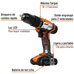 Taladro Percutor Inalambrico 1/2" 18V 1400RPM 22400GPM 28Nm Velocidad Reversible, ROTI-18A2-2 11020 Truper Truper-Taladro Percut