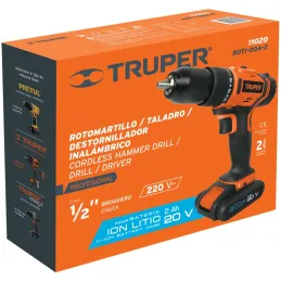 Taladro Percutor Inalambrico 1/2" 18V 1400RPM 22400GPM 28Nm Velocidad Reversible, ROTI-18A2-2 11020 Truper Truper-Taladro Percut