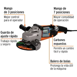Amoladora angular 7" Profesional, 2100W 8000RPM Mango Ergonomico con Disco y Carbon de Rpsto, ESMA-7A3-2 11022 Truper Truper-Amo