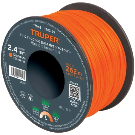 Hilo Redondo para desbrozadora 2.4mm x262M Carrete, HTR3-95 17643 Truper Truper-Hilo Redondo para desbrozadora 2.4mm x262M Carre