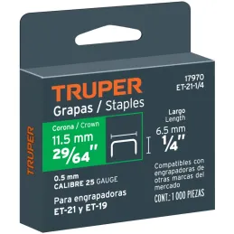 Grapas 1/4" Corona 29/64" Calibre 25 x1000u para Engrapadora ET-19 ET-21 ET-21P, ET-21-1/4 17970 Truper Truper-Grapas 1/4" Coron