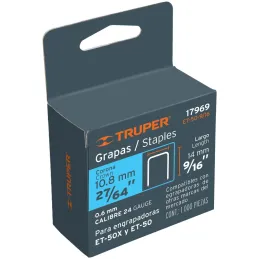 Grapas 9/16" Corona 27/64" Calibre 24 para Engrapadora ET-50 ET-50X ET-50P, ET-50-9/16 17969 Truper Truper-Grapas 9/16" Corona 2
