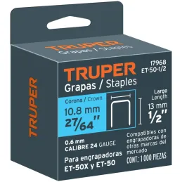 Grapas 1/2" Corona27/64" Calibre 24 para Engrapadora ET-50 50X 50P, ET-50-1/2 17968 Truper Truper-Grapas 1/2" Corona27/64" Calib
