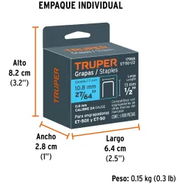 Grapas 1/2" Corona27/64" Calibre 24 para Engrapadora ET-50 50X 50P, ET-50-1/2 17968 Truper Truper-Grapas 1/2" Corona27/64" Calib