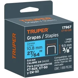 Grapas 3/8" Corona 27/64" Calibre 24 para Engrapadora ET-50 ET-50X ET-50P, ET-50-3/8 17967 Truper Truper-Grapas 3/8" Corona 27/6