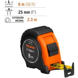 Winchas Flexometro Griper 8M MedicionAmbosLados TPR ABS Truper 15389 Truper-Winchas Flexometro Griper 8M MedicionAmbosLados TPR 