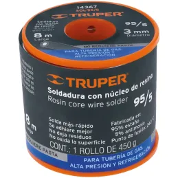 Soldadura con Nucleo de Resina 450g 3mm 95/5 Estaño Antimonio, para tuberia de Gas, SOL-95/5 14367 Truper Truper-Soldadura con N