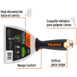 Espatula Flexible 5" Mango Ergonomico, en acero inoxidable, para usarse en alimentos, ET-5FX 15853 Truper Truper-Espatula Flexib
