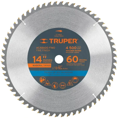 Discos Sierra para Madera 14" Centro 1", 60 Dientes de carburo de tungsteno, ST-1460E 18323 Truper Truper-Discos Sierra para Mad