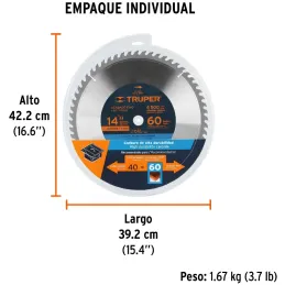 Discos Sierra para Madera 14" Centro 1", 60 Dientes de carburo de tungsteno, ST-1460E 18323 Truper Truper-Discos Sierra para Mad