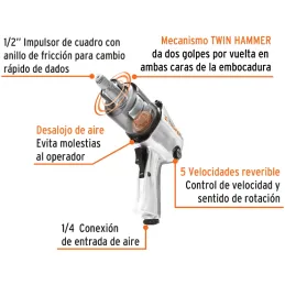 Llave Neumatica Pistola de Impacto 1/2" Industrial, Kit con Estuche Plastico carcasa en Aluminio, TPN-734H-2K 18281 Truper Trupe
