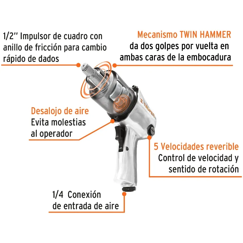 Llave Neumatica Pistola de Impacto 1/2" Industrial, Kit con Estuche Plastico carcasa en Aluminio, TPN-734H-2K 18281 Truper Trupe