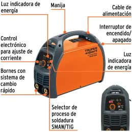 Maquina de Soldar Inversor Soldadoras 30 - 200A SMAW TIG, Incluye PortaElectrodo Careta y Cepillo, SOIN-200 13696 Truper Truper-