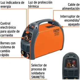 Maquina de Soldar Inversor Soldadoras 15 - 200A SMAW TIG, Incluye PortaElectrodo Careta y Cepillo, SOIN-130/200 16053 Truper Tru