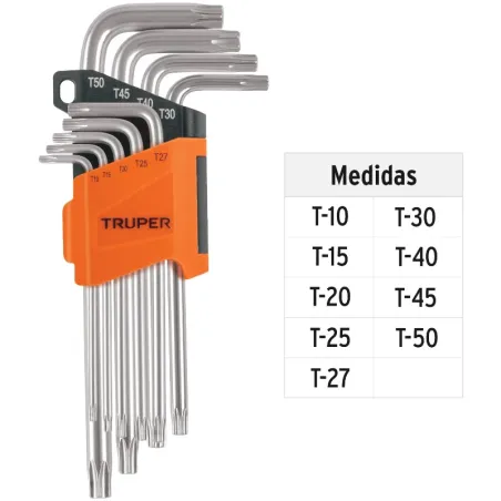 Juegos de 9 Llaves Torx PLargas Truper 13647 Truper-Juegos de 9 Llaves Torx PLargas Truper 13647 Fabricadas en acero al cromo va