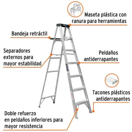 Escaleras Tijera 6 Peldaños con Bandeja T3 Max3.4m P6.4kg EAluminio, Truper 10437 Truper-Escaleras Tijera 6 Peldaños con Bandeja