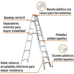 Escaleras Tijera 9 Peldaños con Bandeja T2 Max4.2m P10.7kg EAluminio, Truper 10436 Truper-Escaleras Tijera 9 Peldaños con Bandej