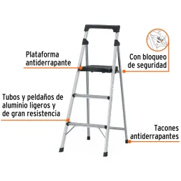 Escaleras Tubulares 3 Peldaños Plegables T3 Max2.6m Aluminio, Truper 16764 Truper-Escaleras Tubulares 3 Peldaños Plegables T3 Ma
