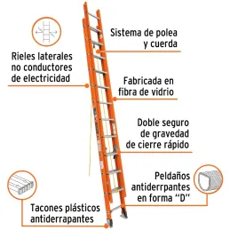 Escaleras Telescopicas 24 Peldaños T2 Max7m P21kg FibraVidrio, Truper 16757 Truper-Escaleras Telescopicas 24 Peldaños T2 Max7m P