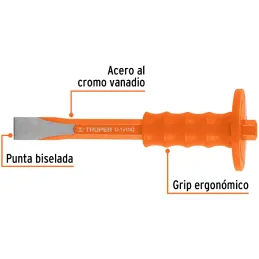 Cincel Plano 10" Cuña 1" con Grip, acero al cromo vanadio, protege la mano, C-1X10G 12273 Truper Truper-Cincel Plano 10" Cuña 1"