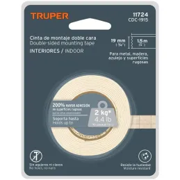 Cintas Doble Contacto 19mm x1.5m Doble Adhesivo Truper 11724 Truper-Cintas Doble Contacto 19mm x1.5m Doble Adhesivo Truper 11724