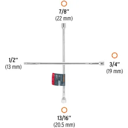 Llaves de Rueda 20" en Cruz 3/4 13/16 7/8 Cuadro 1/2 Usar otros Dados PulidaCromada Truper 15481 Truper-Llaves de Rueda 20" en C