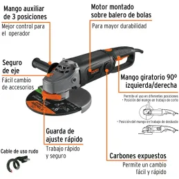 Esmeriladora angular 9" Industrial, 2000W 6200RPM Mango Ergonomico con Disco y Carbon de Rpsto, ESMA-9N3-2 18295 Truper Truper-E