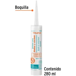 Silicona para Baños y cocinas 280ml Traslucido, Sellado duradero para superficies lisas, SIL-100BCT 18565 Truper Truper-Silicona
