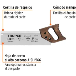 Serrucho Diamante de Costilla 14" Espesor 0.8mm DPP9, en acero alto carbono templado, STCX-14 18166 Truper Truper-Serrucho Diama