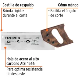 Serrucho Diamante de Costilla 12" Espesor 0.8mm DPP9, en acero alto carbono templado, STCX-12 18165 Truper Truper-Serrucho Diama
