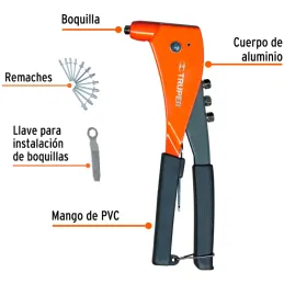 Remachadora Profesional 4 Boquillas intercambiable 3/32 1/8 5/32 3/16" Largo 10" incluye llave y Remache, RE-9X 17961 Truper Tru
