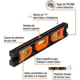 Nivel Torpedo 9" Magnetico, Puntas de Hule, Gotas resistente a la abrasion y al impacto, NTX-9 17054 Truper Truper-Nivel Torpedo