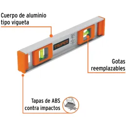 Nivel Profesional 12", Cuerpo de aluminio tipo vigueta, Proteccion ABS, Gotas Intercambiables, NP-12 17030 Truper Truper-Nivel P
