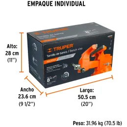 Tornillo de Banco Industrial Ancho de Mordaza 8", Apertura Max 7 7/8" Peso 29kg, TA-8 18595 Truper Truper-Tornillo de Banco Indu